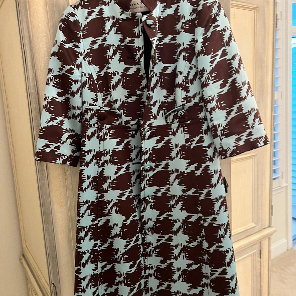 Trina Turk Light Blue and and Brown Trench Coat with Buttons